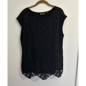 7Avenue Womens Sz L Sleeveless Black Floral Lace Top